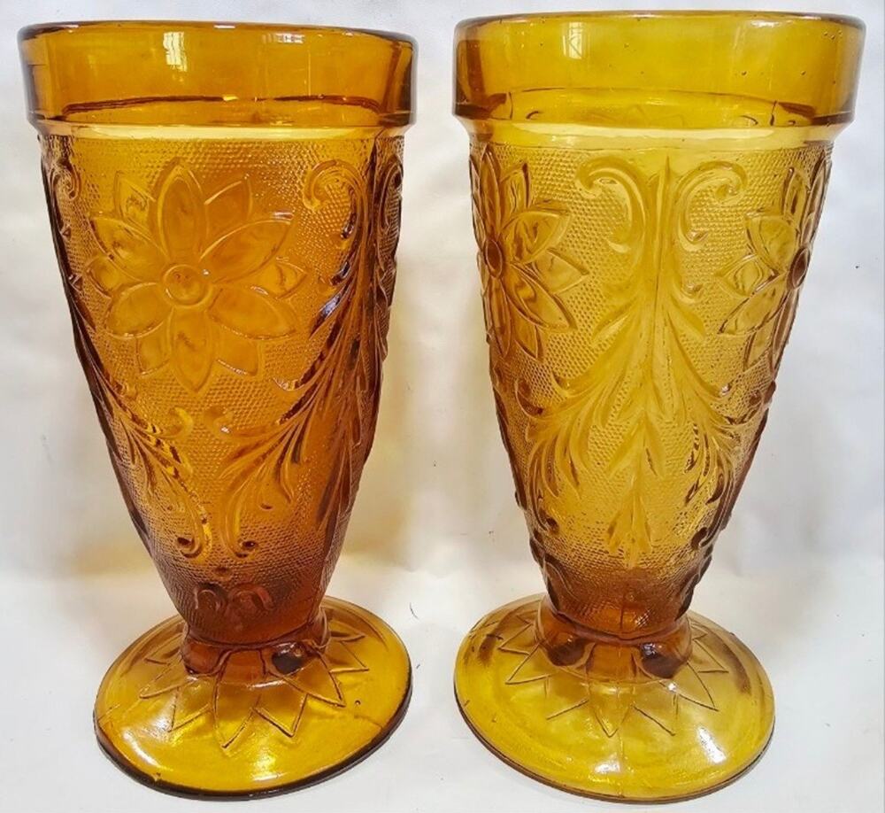 2 Vtg Indiana Glass Tiara Sandwich Amber Pattern Footed Water Goblets 6.25"T